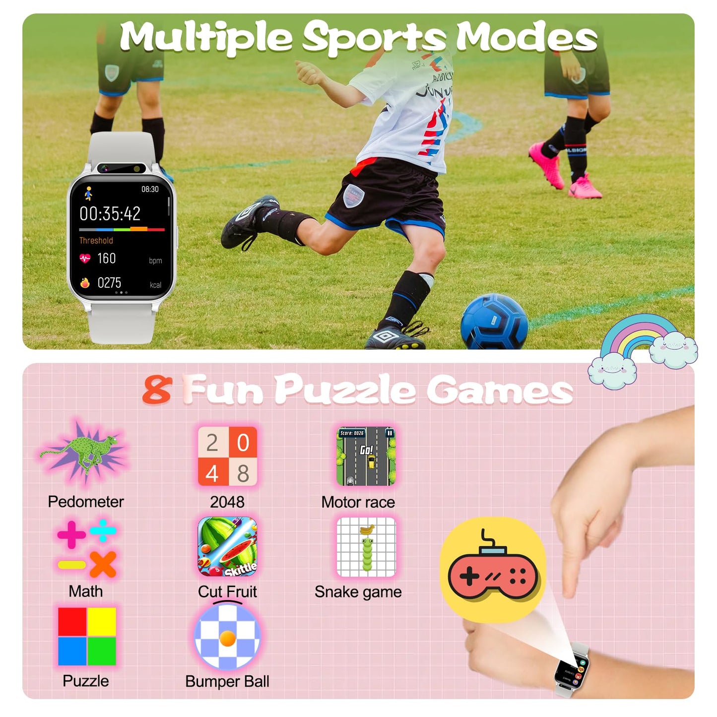 Smart Watch for Kids, 1.85" Fitness Tracker with Heart Rate, Sleep Monitor, IP68 Waterproof Smartwatches with Video Music, Pedometer, Game, NO APP/Phone, Gift for Boys Girls. (Classic, Black)