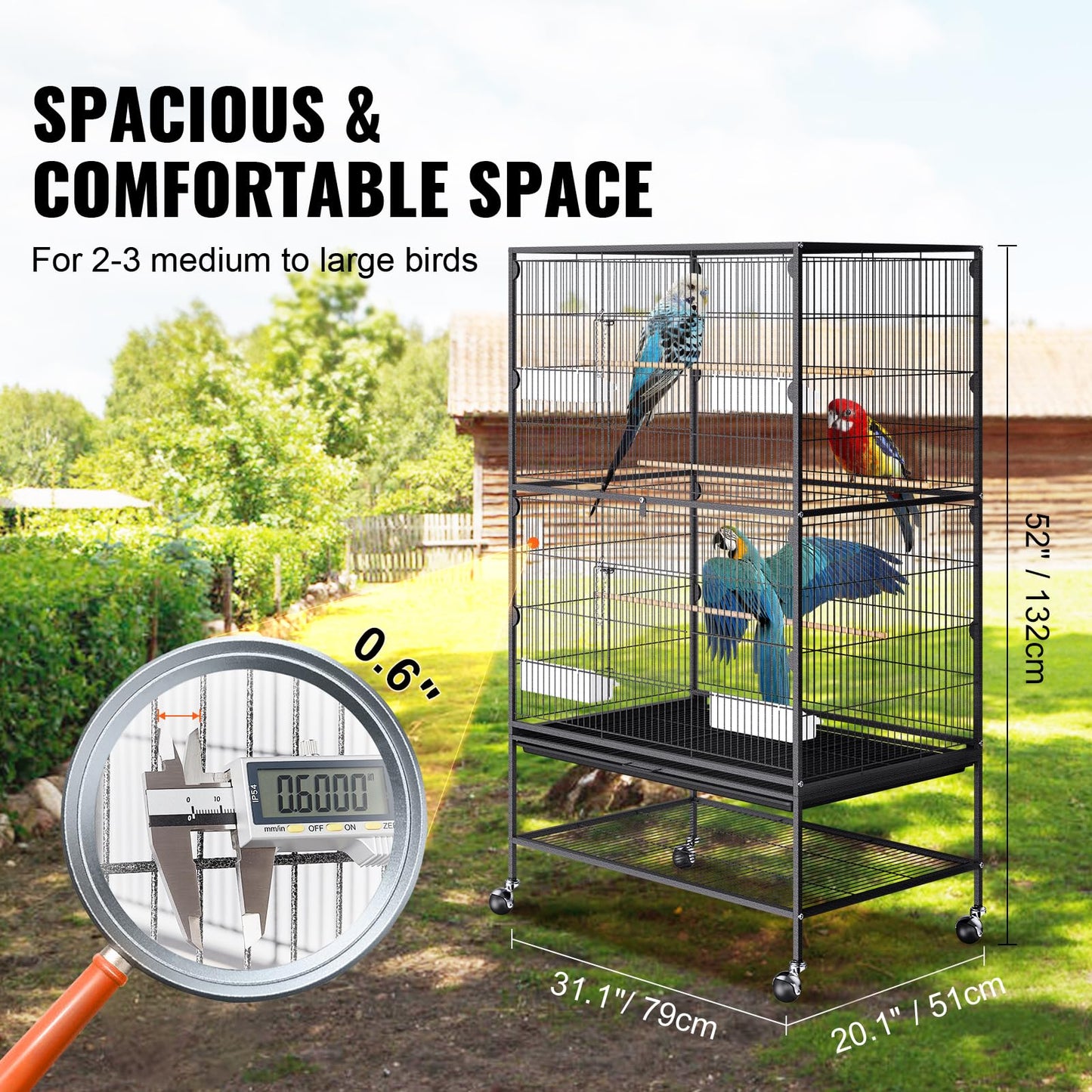 VEVOR Bird Cage, 24.6 x 16.7 x 53.9 inch, Flat Top, Wrought Iron Bird Flight Cage with Perches, Slide-Out Tray and Plastic Feeders, Casters, for Parrot, Blue Tit, Cockatiel, Canary, Budgerigar, Conure