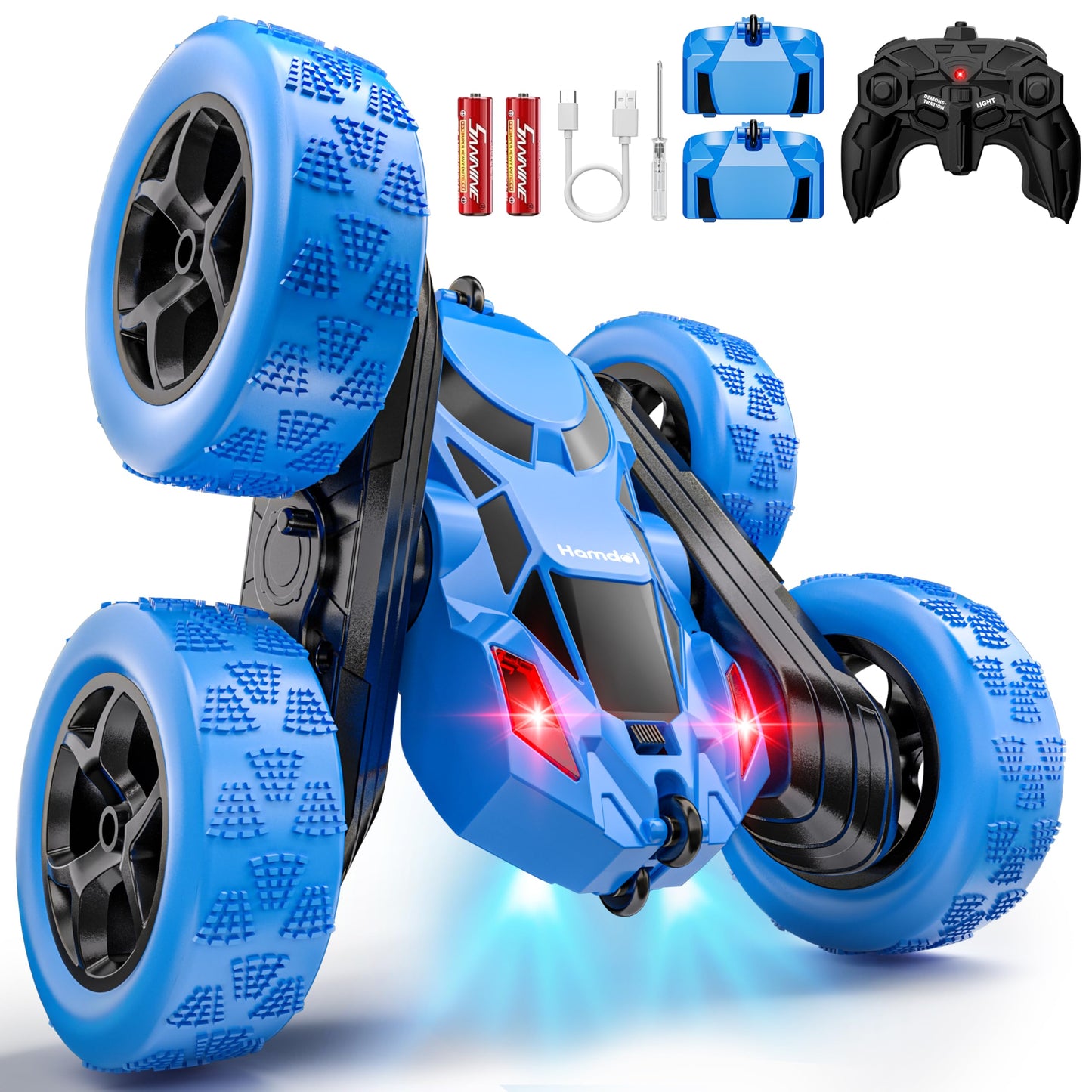 Hamdol Remote Control Car for Kids, 360° Rotating Double-Sided RC Car with LED Headlights, 4WD 2.4GHz Electric Rechargeable Toy Vehicle for Boys and Girls, Perfect Birthday