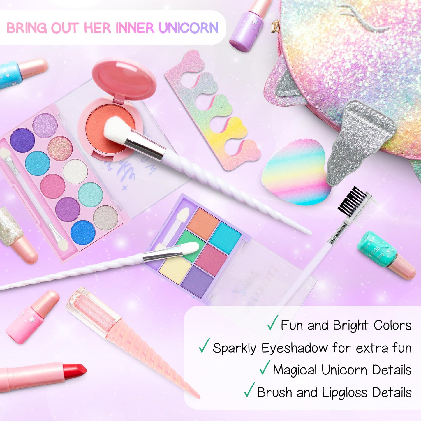 Kids Real Makeup Kit with Pink Unicorn Purse, Non Toxic Washable Make Up Set - Unicorn Toys for Girls Age 4-6, 5 Year Old Girl Birthday Gift Ideas, Toddler Little Girl Gifts 3 4 5 6 7 8 9 10 Years Old