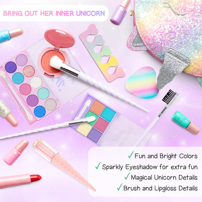 Kids Real Makeup Kit with Pink Unicorn Purse, Non Toxic Washable Make Up Set - Unicorn Toys for Girls Age 4-6, 5 Year Old Girl Birthday Gift Ideas, Toddler Little Girl Gifts 3 4 5 6 7 8 9 10 Years Old