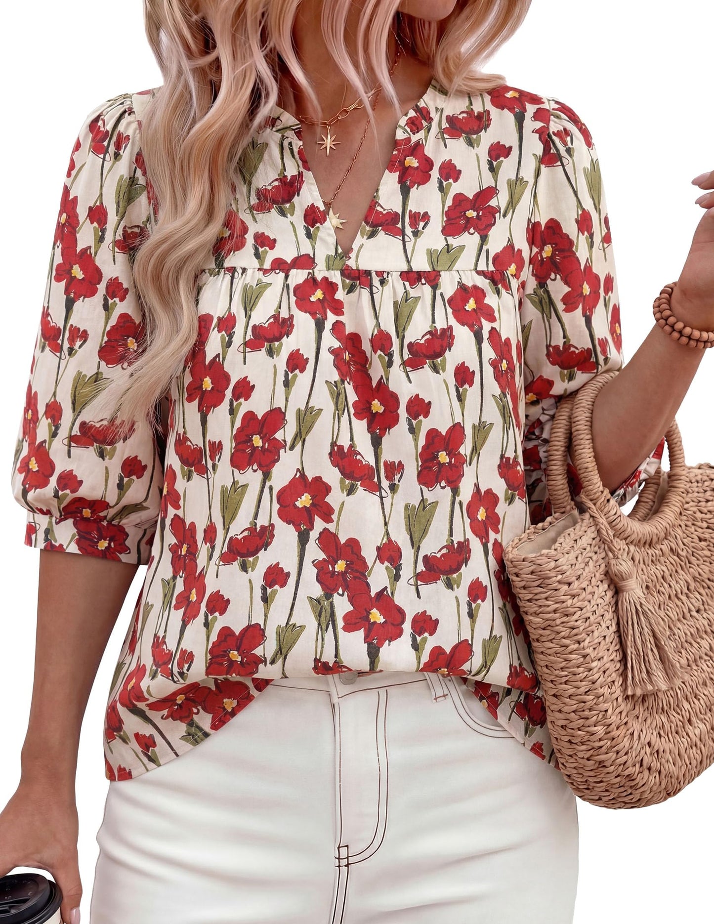 PRETTYGARDEN Women's 2026 Summer Floral Blouses Dressy Casual Half Sleeve V Neck Going Out Boho Tops Spring Fashion Clothing