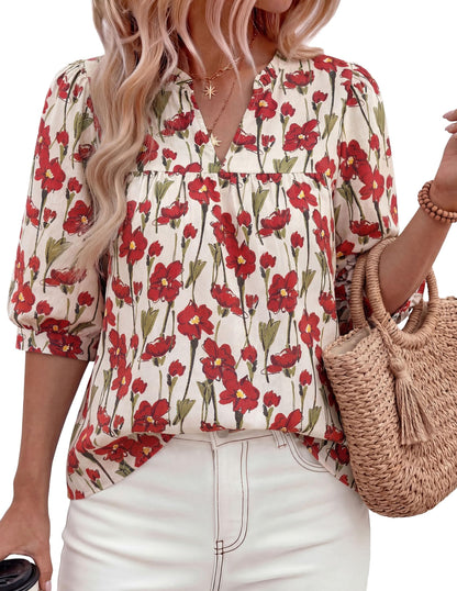PRETTYGARDEN Women's 2026 Summer Floral Blouses Dressy Casual Half Sleeve V Neck Going Out Boho Tops Spring Fashion Clothing