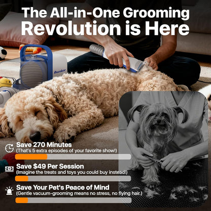 Buenkee Dog Grooming Vacuum Kit, 15000Pa Clipper, Shedding Brush, 2L, White | Brush, trim and deshed at home with less flying fur, mess-control suction and fewer emptying breaks during longer sessions