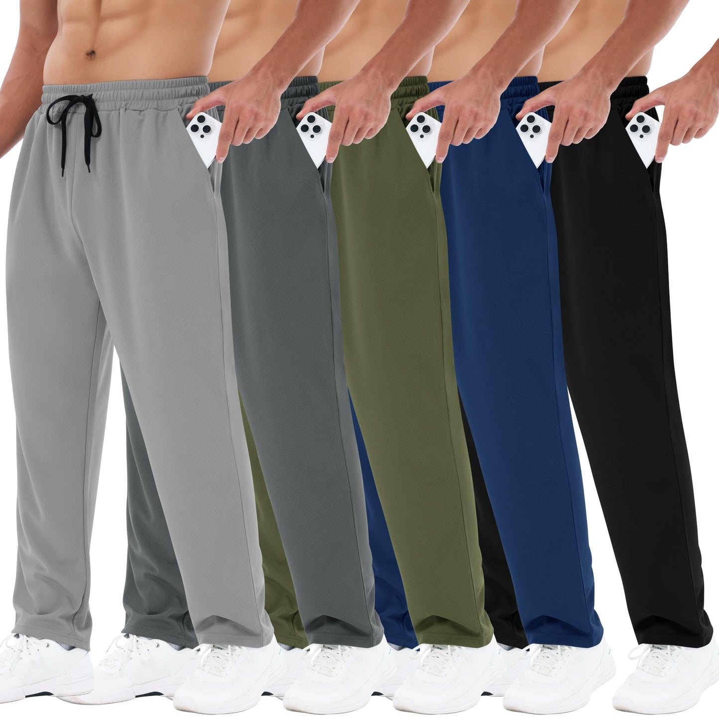 3 Pack Mens Sweatpants with Pockets - Mesh Open Bottom Athletic Joggers for Men Loose Fit Gym Workout Running Casual Pants