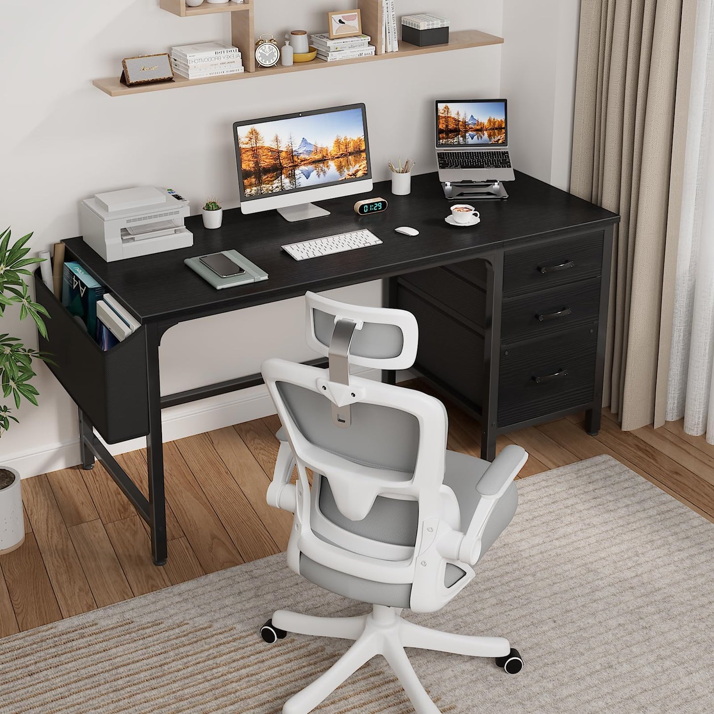 Lufeiya Computer Desk with File Drawers Cabinet, 47 Inch Reversible Home Office Desks with Filing Cabinet for Small Space, Gaming Study Writing Table PC Desks, Black