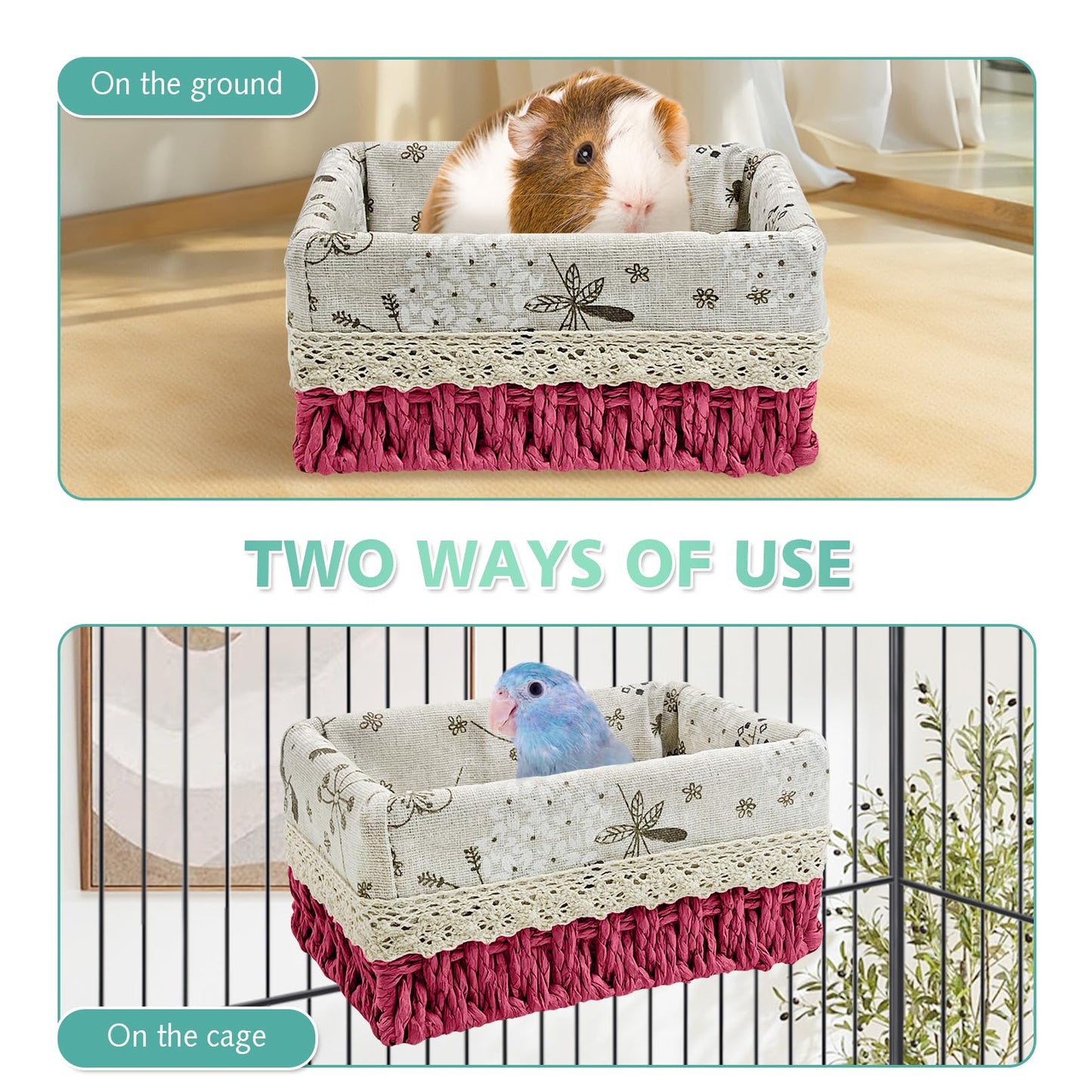 kathson Bird Nest Parrot House Birds Sleeping Bed Straw Weave All Season Hanging Hammock Bird Bed Snuggle Hut Birdcage Accessories for Parakeets Budgies Cockatiels Conures Quaker Parrot(Yellow)