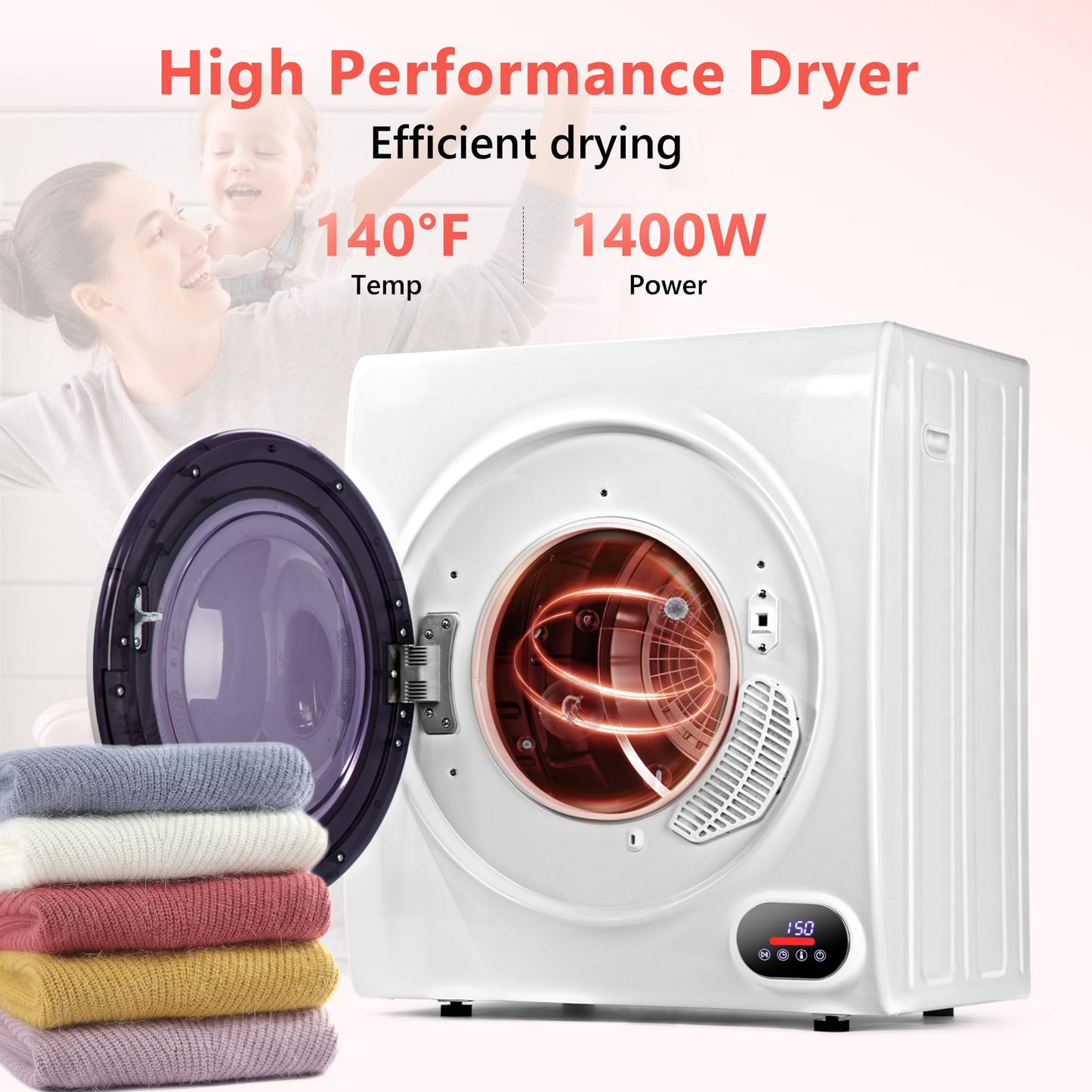 Euhomy Compact Laundry Dryer, 3.5 cu ft Front Load Stainless Steel Clothes Dryers With Exhaust Pipe, 1500W, LCD Control Panel Four-Function Portable Dryer For Apartments, Home, Dorm, White
