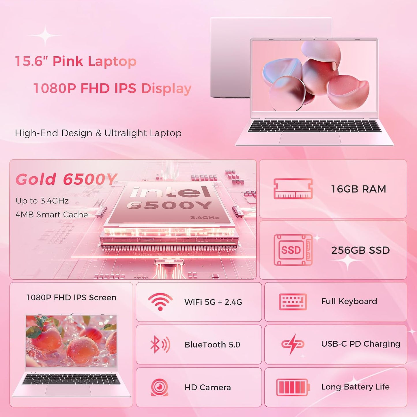 15.6" Pink Laptop, Laptop with 16GB RAM 256GB SSD, Gold 6500Y(Beat Pentium, Up to 3.4GHz), 1080P FHD IPS Display, Bluetooth, WIFI, HDMI, USB-C, USB3.2, 38WH Battery, Laptop Computer for Students