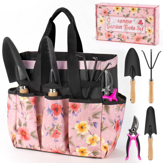 9 Piece Garden Tool Set | Heavy Duty Stainless Steel, Ergonomic Non-Slip Rubber Handles, Pruning Shears, Trowel, 600D Storage Tote Bag