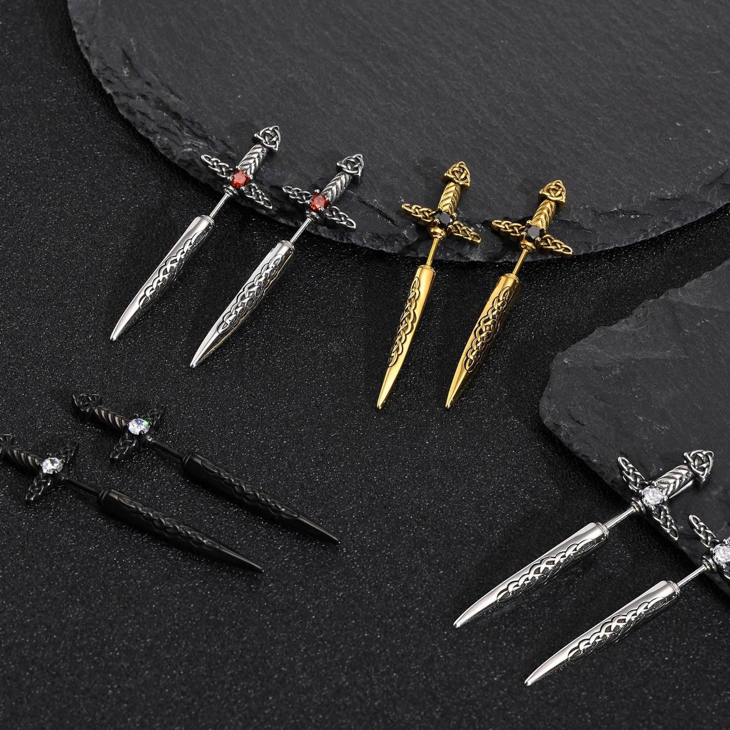Hisatan Sword Earrings for Men Women, Stainless Steel Gothic Dagger Celtic Knot Irish Studs Earrings, Cool Punk Hip Pop Cubic Zirconia Dangle Goth Screw Spike Earring Jewelry