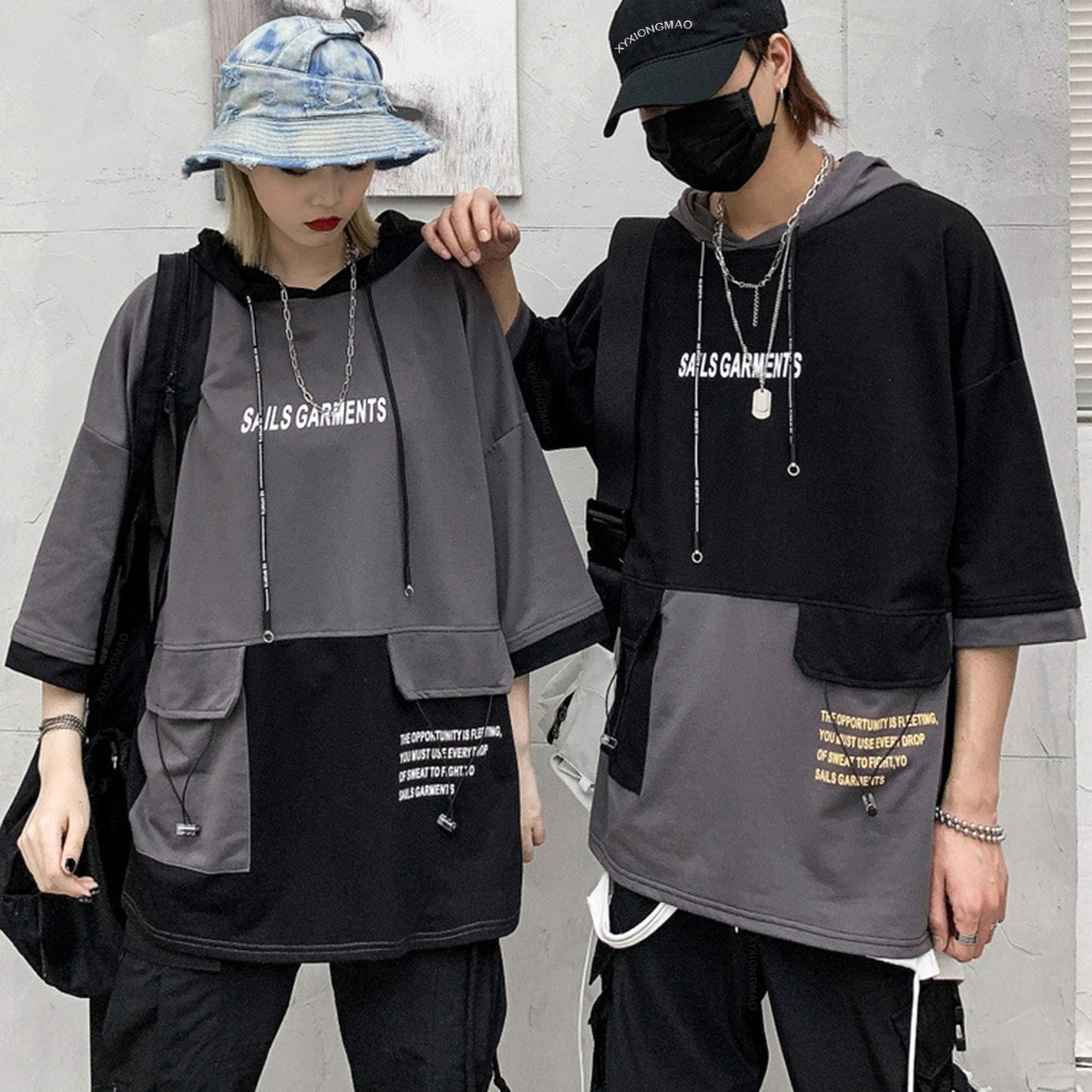 XYXIONGMAO Hooded T-Shirt Loose Large Pockets Colorblock Hoodie Unisex Streetwear Techwear Tee Shirts for Men