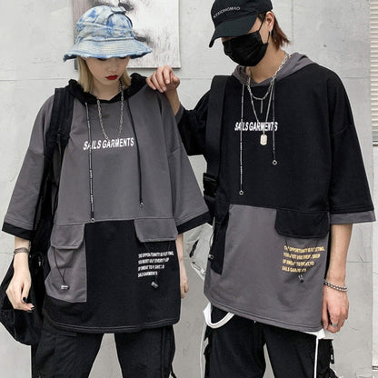 XYXIONGMAO Hooded T-Shirt Loose Large Pockets Colorblock Hoodie Unisex Streetwear Techwear Tee Shirts for Men