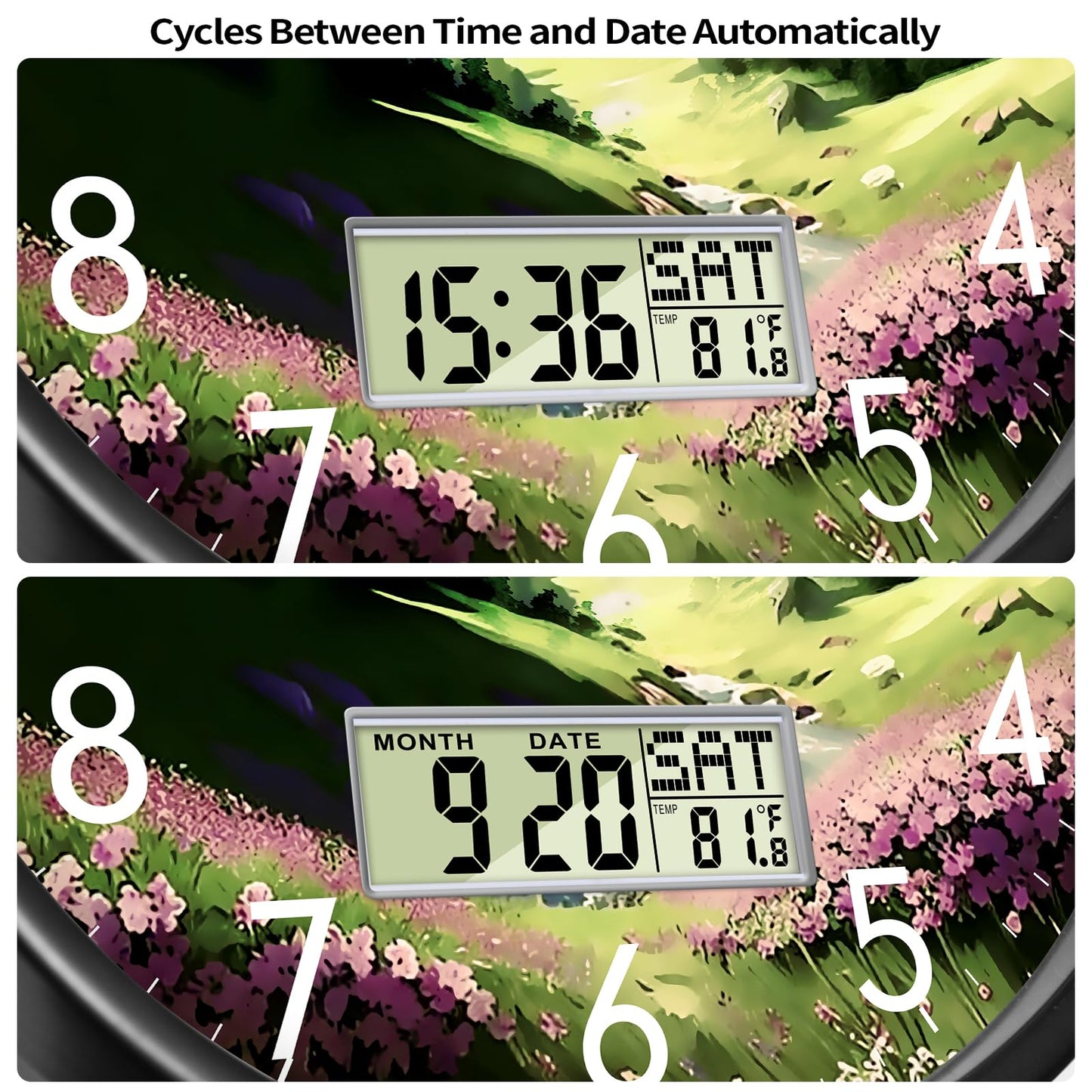 Wilderness Sunset Wall Clock, 12 Inch Silent Non-Ticking Battery Operated Analog Clock with LCD Date Day Temp Display, Decorative for Living Room, Bedroom, Kitchen, Office, Farmhouse, Cabin
