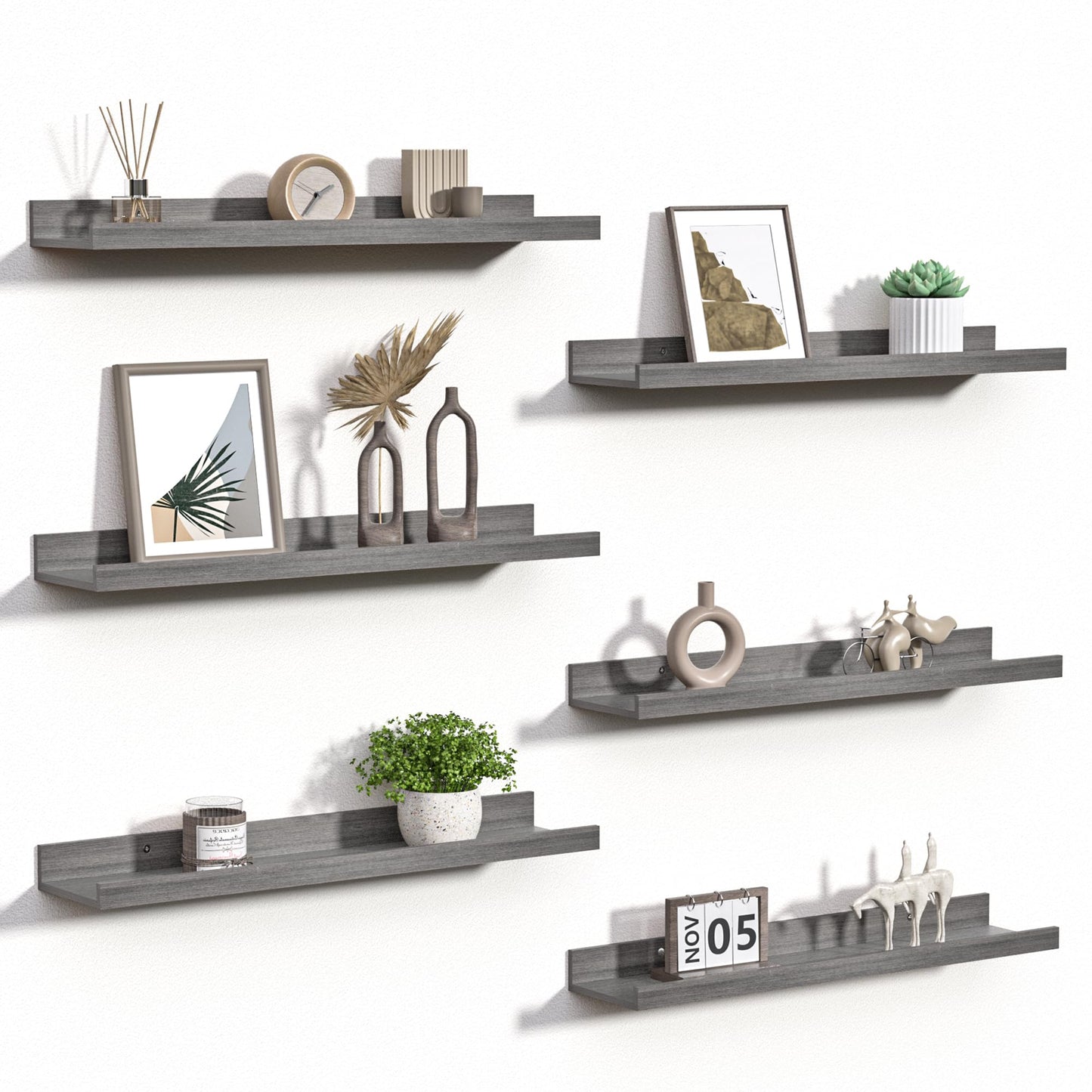 upsimples Floating Shelves for Wall, Wall Shelves for Decor Storage Set of 6, Wall Mounted Wood Shelf for Bedroom, Living Room, Bathroom, Kitchen, Picture Ledge Shelf, Black
