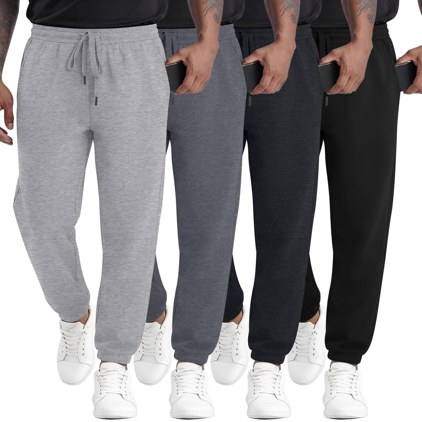 August Alley 4 Pack Mens Athletic Joggers Gym Workout Running Sweatpants Lounge Drawstring Track Sweat Pants with Pockets
