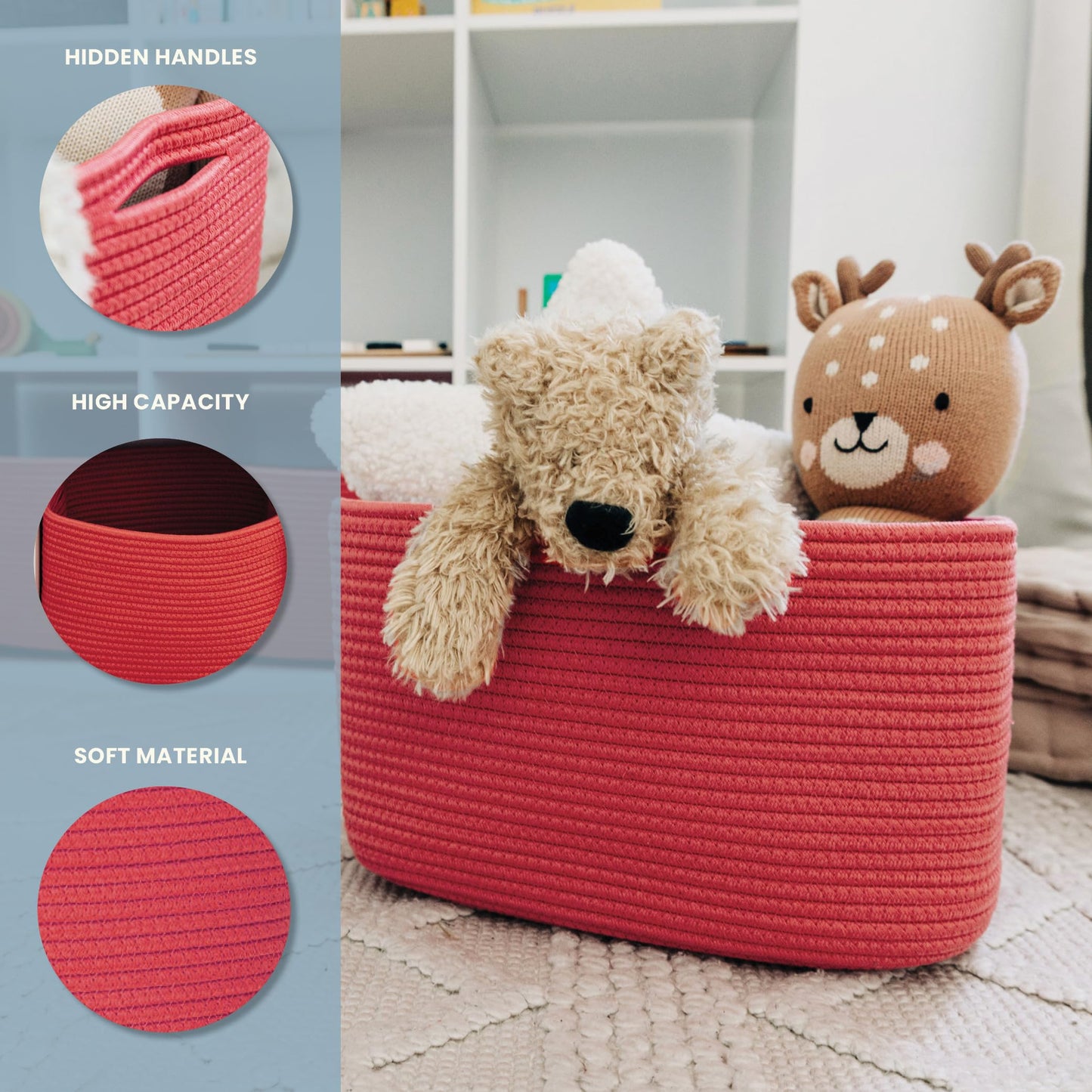 Light Honey Cotton Rope Baskets for Shelves, Set of 3 - 15"×10"×9½" - Woven Storage Baskets for Organizing - Closet, Nursery, Bedroom, Playroom - Toys, Books, Towels, Clothes