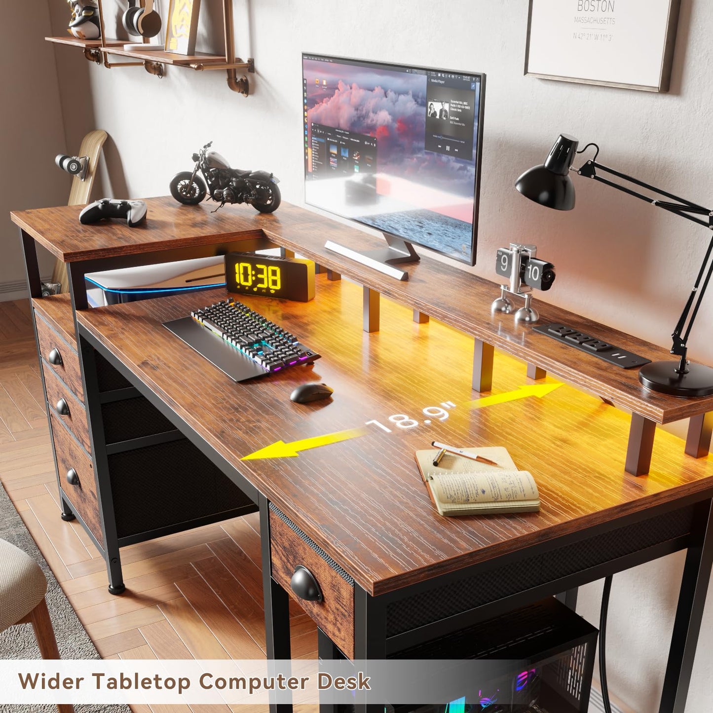 Furologee 60" Black Computer Desk with 4 Drawers and Printer Space, Gaming Desk with LED Lights and USB Power Outlets, Home Office Desk with Fabric File Cabinet,Study Work Table with Shelf for Bedroom