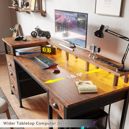 Furologee 60" Black Computer Desk with 4 Drawers and Printer Space, Gaming Desk with LED Lights and USB Power Outlets, Home Office Desk with Fabric File Cabinet,Study Work Table with Shelf for Bedroom