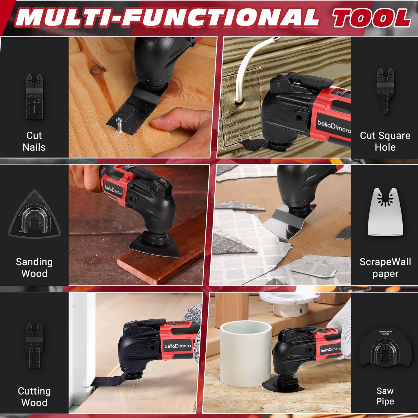 bellaDimora Oscillating Multi-Tool Compatible with DeWalt 20V MAX, 600W Brushless Motor (6000-20000 OPM), 23-Piece Accessory Kit for Cutting Sanding Scraping, Heavy-Duty Power Tool(No Battery)