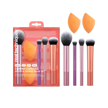 Real Techniques 6 Piece Everyday Essentials Makeup Brush Set, Includes 4 Brushes & 2 Makeup Sponges for Foundation, Blush, Bronzer, Contour, Eyeshadow & Powder, Travel Gift Set, Cruelty-Free & Vegan