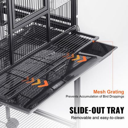 VEVOR Bird Cage, 24.6 x 16.7 x 53.9 inch, Flat Top, Wrought Iron Bird Flight Cage with Perches, Slide-Out Tray and Plastic Feeders, Casters, for Parrot, Blue Tit, Cockatiel, Canary, Budgerigar, Conure