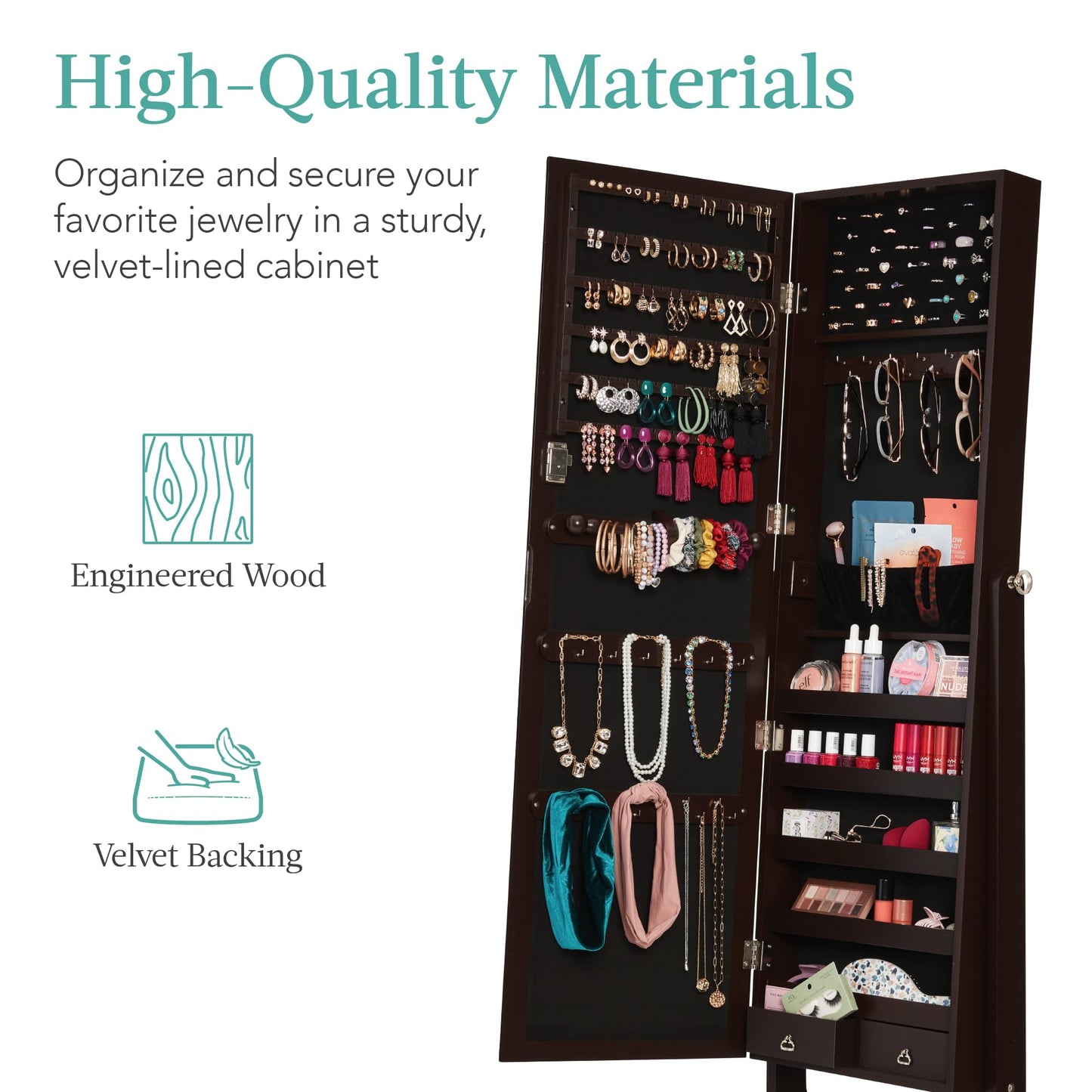 Best Choice Products Freestanding Jewelry Armoire Cabinet, Full Length Standing Mirror, Lockable Makeup Storage Organizer, w/Velvet Lining, 3 Angles, Lock, Accessory Pouch, 5 Shelves - White