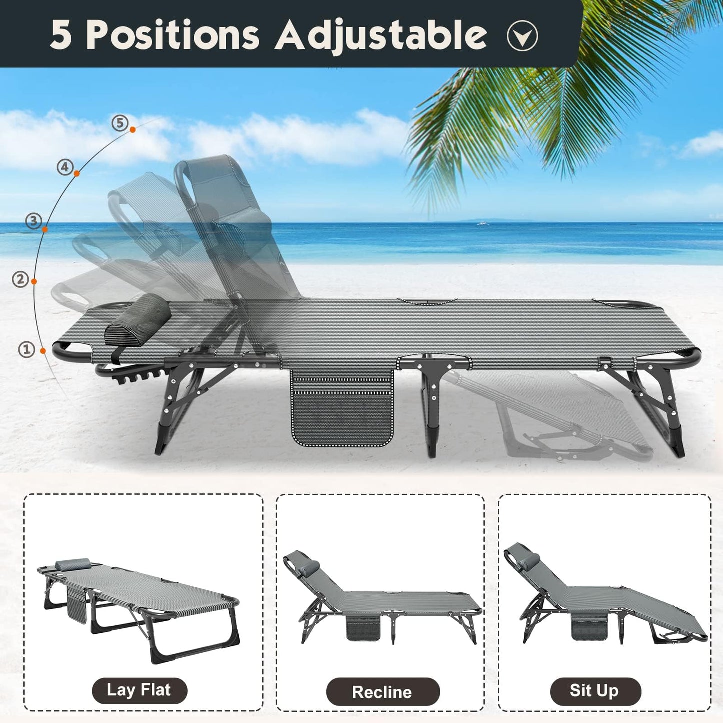 MOPHOTO Folding Lounge Chair 5-Position, Folding Cot, Portable Outdoor Chaise Lounge Chair for Sun Tanning, Perfect for Pool Beach Patio Sunbathing
