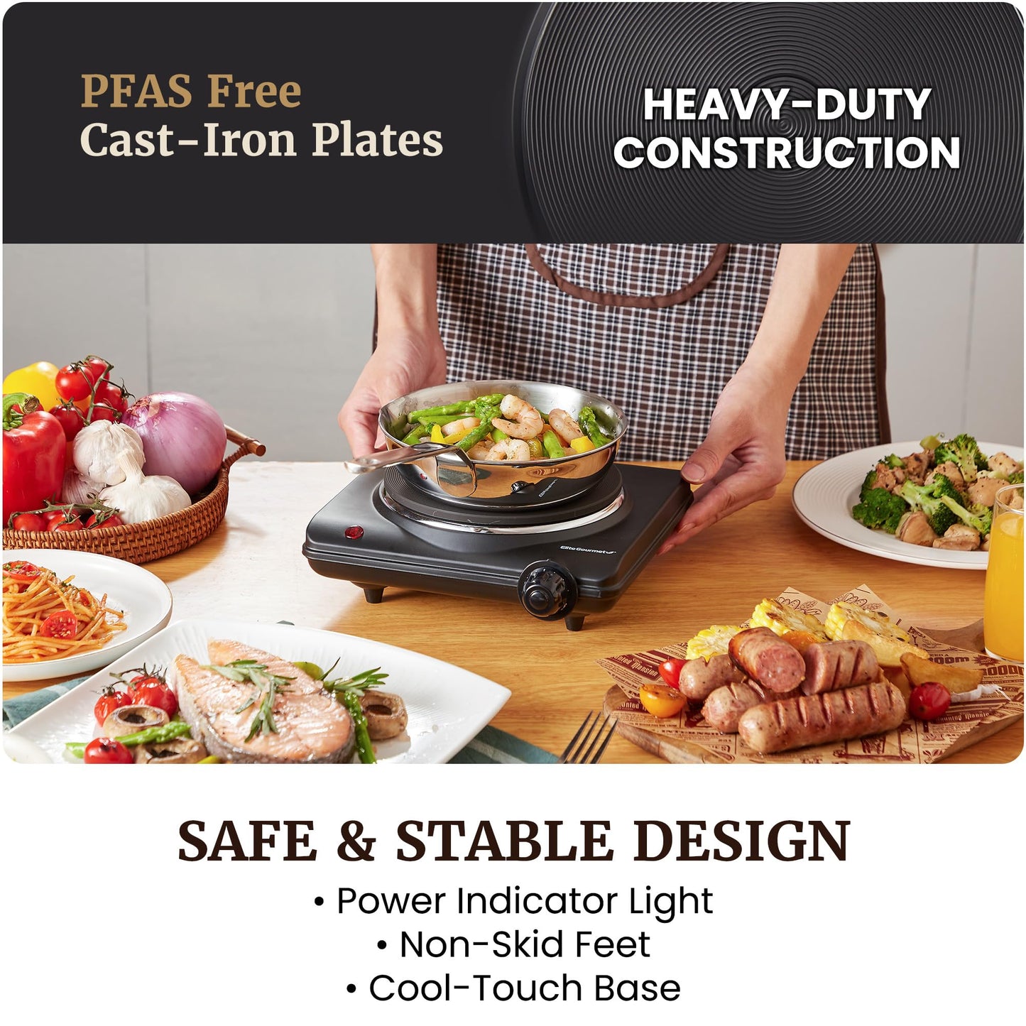Elite Gourmet EDB-302BF# Countertop Double Cast Iron Burner, 1500 Watts Electric Hot Plate, Temperature Controls, Power Indicator Lights, Easy to Clean, Black