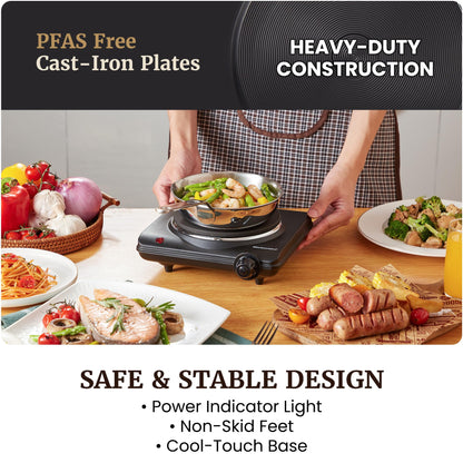Elite Gourmet EDB-302BF# Countertop Double Cast Iron Burner, 1500 Watts Electric Hot Plate, Temperature Controls, Power Indicator Lights, Easy to Clean, Black