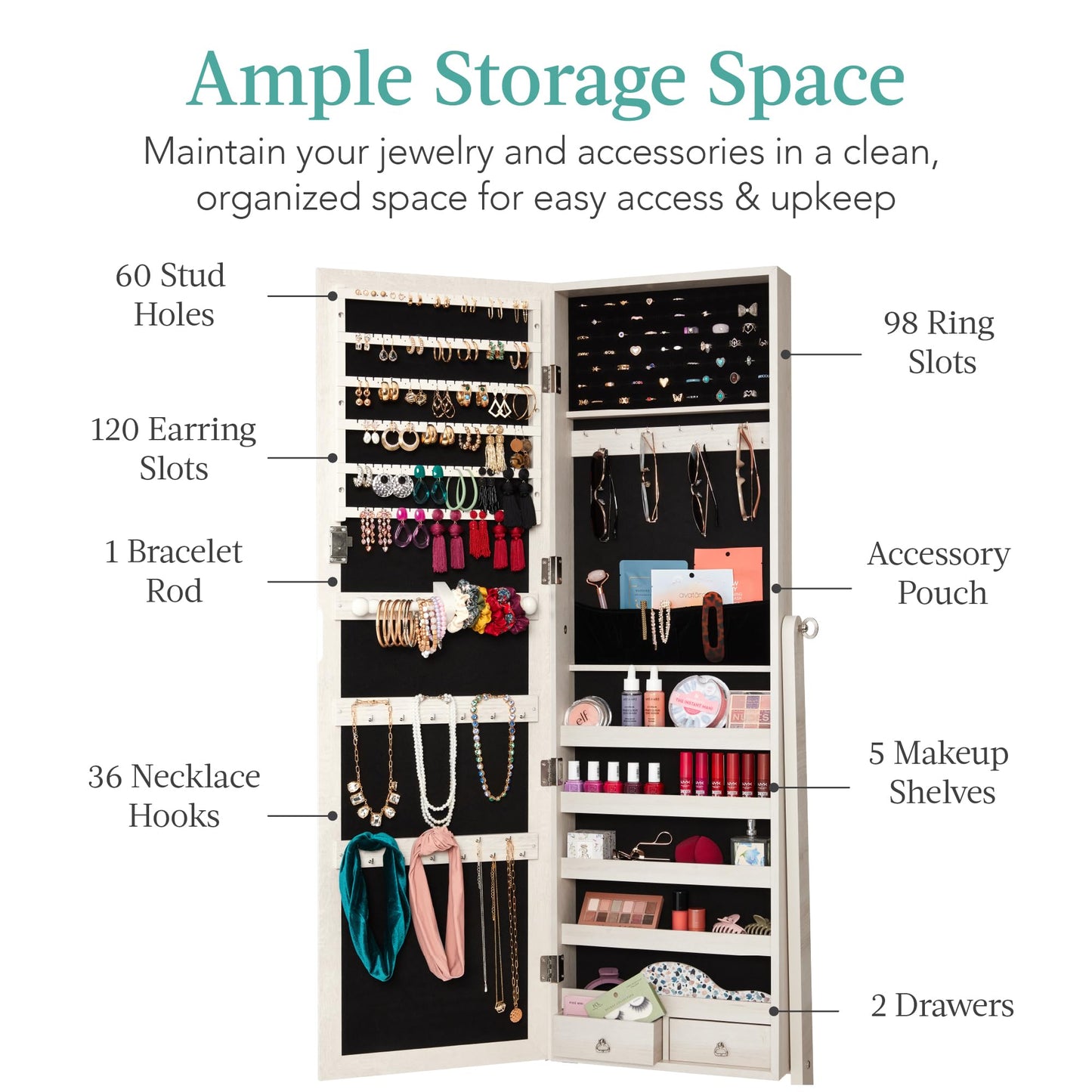 Best Choice Products Freestanding Jewelry Armoire Cabinet, Full Length Standing Mirror, Lockable Makeup Storage Organizer, w/Velvet Lining, 3 Angles, Lock, Accessory Pouch, 5 Shelves - White