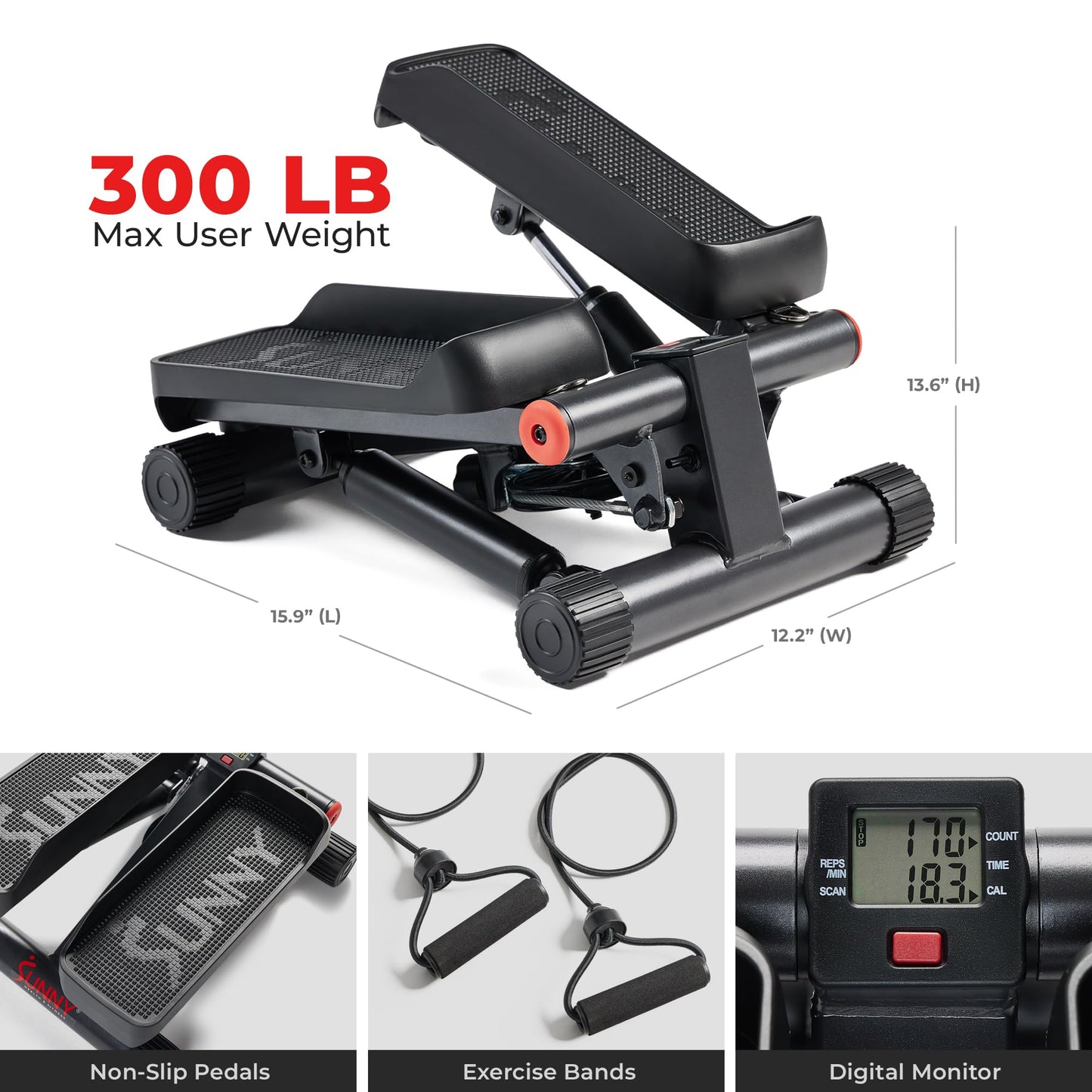 Sunny Health & Fitness Mini Steppers for Exercise at Home, Stair Step Workout Machine with Resistance Bands, Full Body Cardio Equipment, Optional Free SunnyFit App Connection Smart Stepper