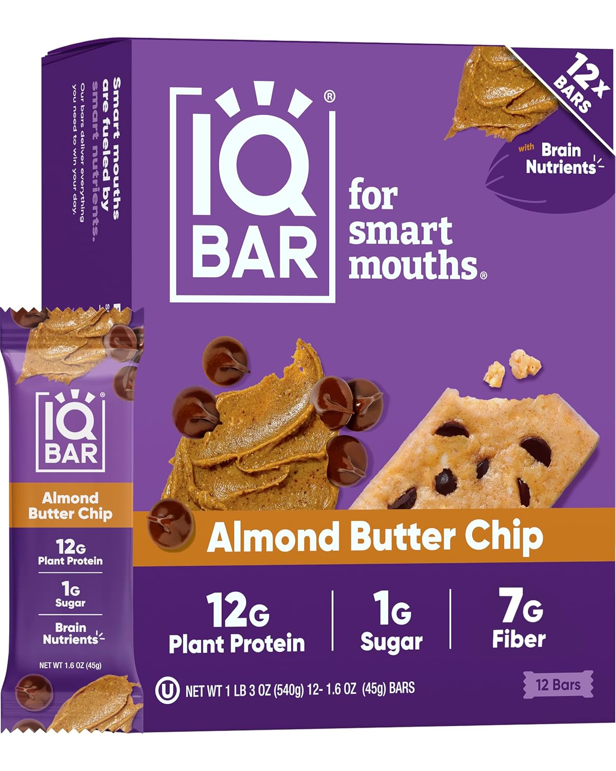 IQBAR Clean Plant Protein Bars, Almond Butter Chip 12-Count | Protein Snack | High Fiber, High Protein, Low Sugar, Clean Label Project Certified | Gluten Free, Dairy Free, Vegan, Keto, Soy Free