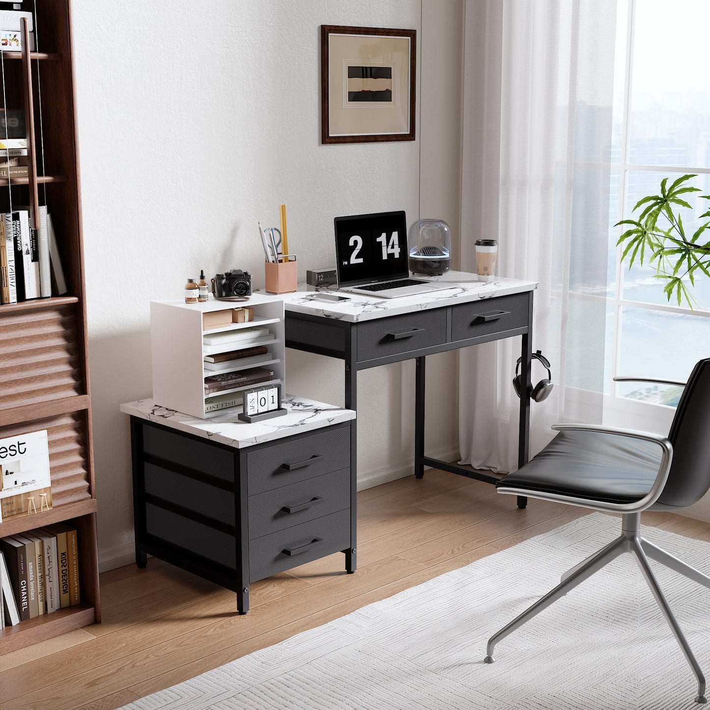 Pamray 47 inch Computer Desk with 5 Drawers and Printer Space for Office | Ample Storage, Space-saving, Easy Assembly, Sturdy, Suitable for Home Office, Study and Writing, Bedroom and Dorms