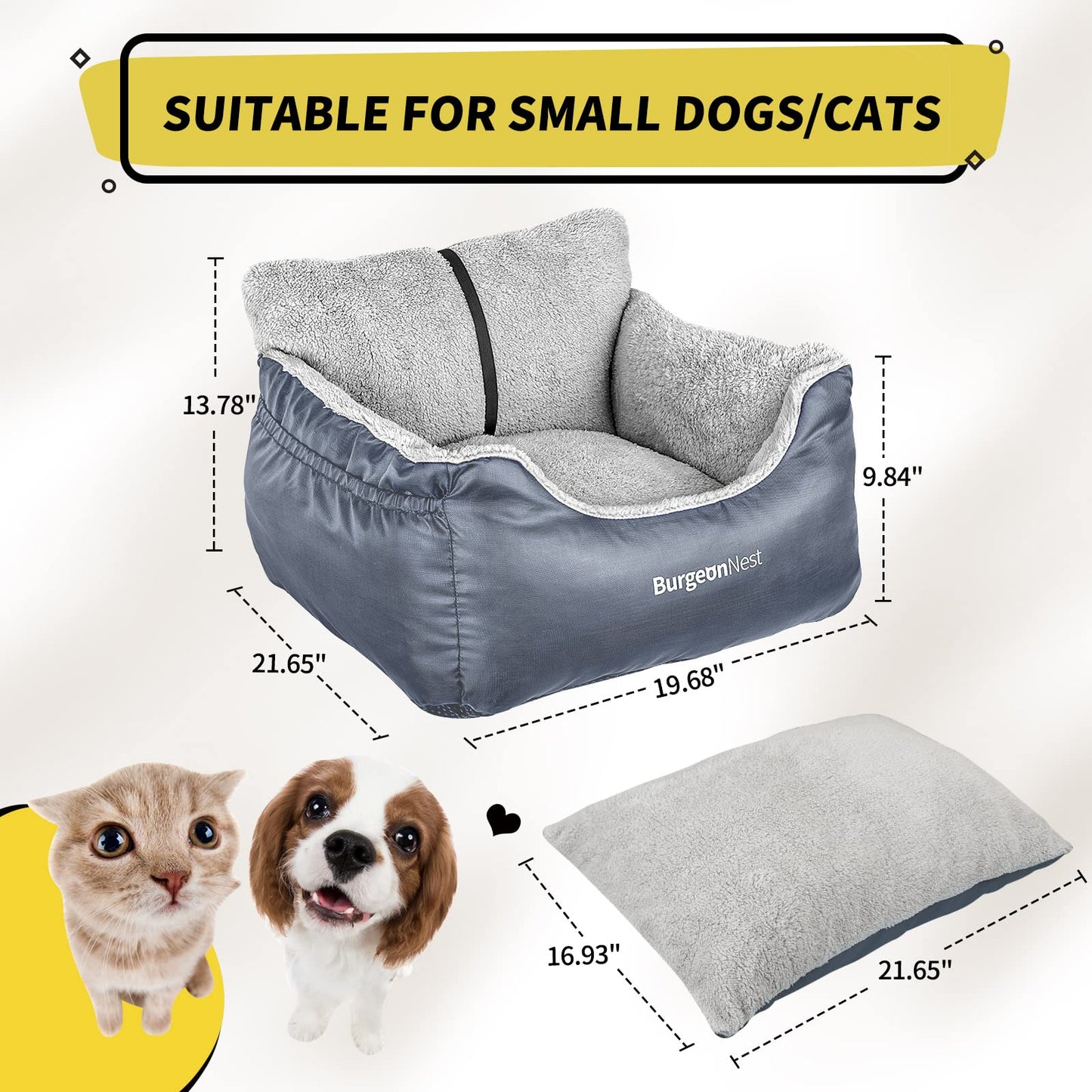BurgeonNest Dog Car Seat for Small Dogs, Soft Pet Car Travel Home Bed Under 25 lbs, Fully Detachable and Washable Cat Booster Carseats with Storage Pockets and Clip-On Leash Portable Carrier,Black