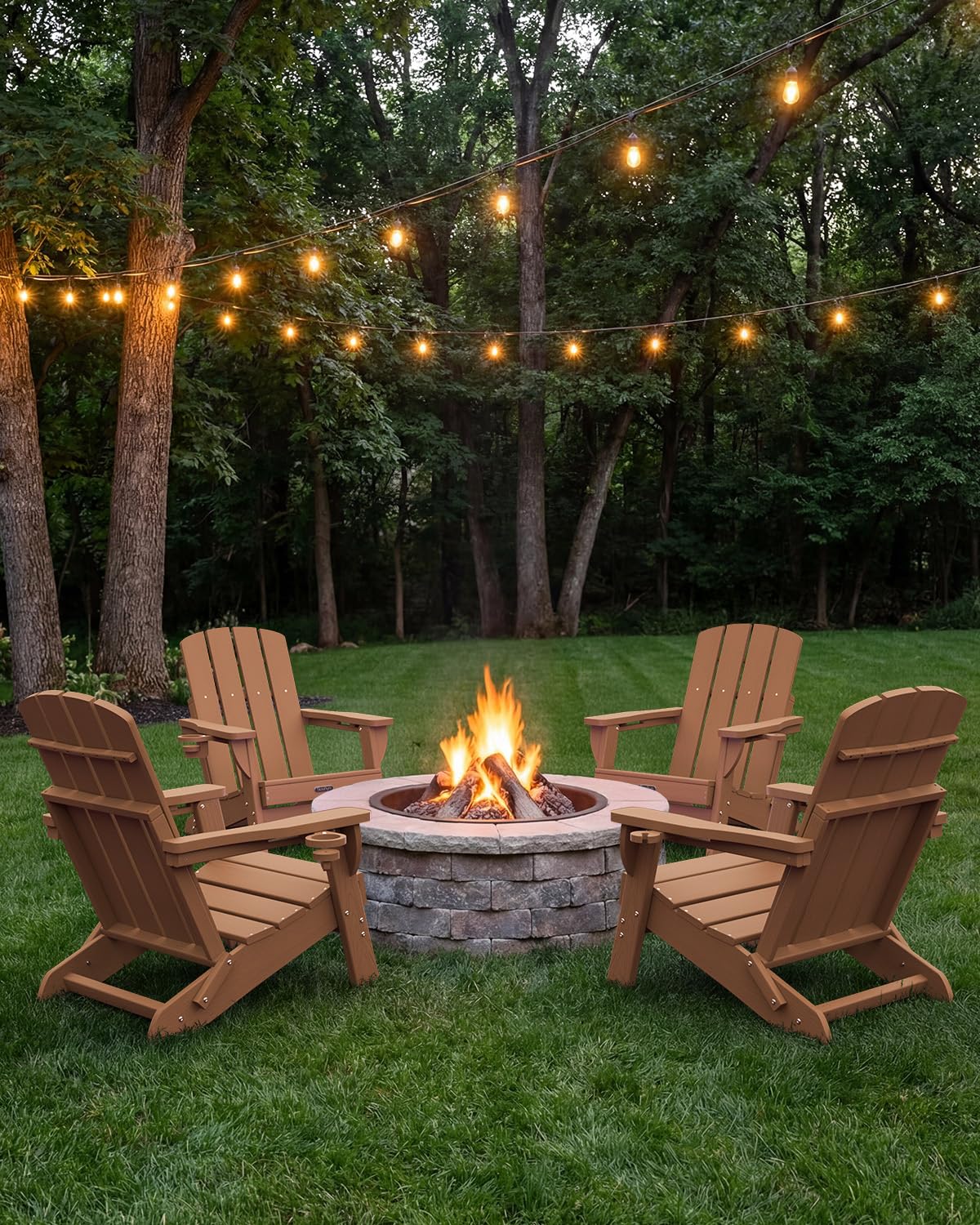 Folding Adirondack Chair, HDPE Adirondack Chairs with 2 Cup Holder, Plastic All-Weather Fire Pit Chairs, Outdoor Lawn Chair for Patio Garden (Grey)