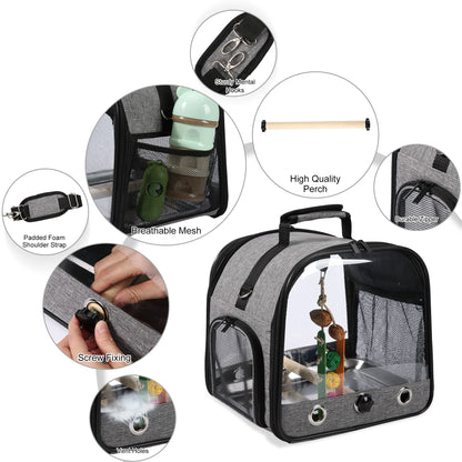 Bird Carrier Bag with Stand, Lightweight Backpack for Parrot, Portable Cockatiel Travel Cage with Accessories, Pet Transparent Breathable Carrier, Gray