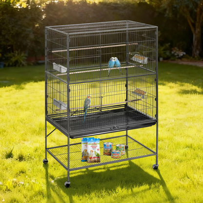 VEVOR Bird Cage, 24.6 x 16.7 x 53.9 inch, Flat Top, Wrought Iron Bird Flight Cage with Perches, Slide-Out Tray and Plastic Feeders, Casters, for Parrot, Blue Tit, Cockatiel, Canary, Budgerigar, Conure