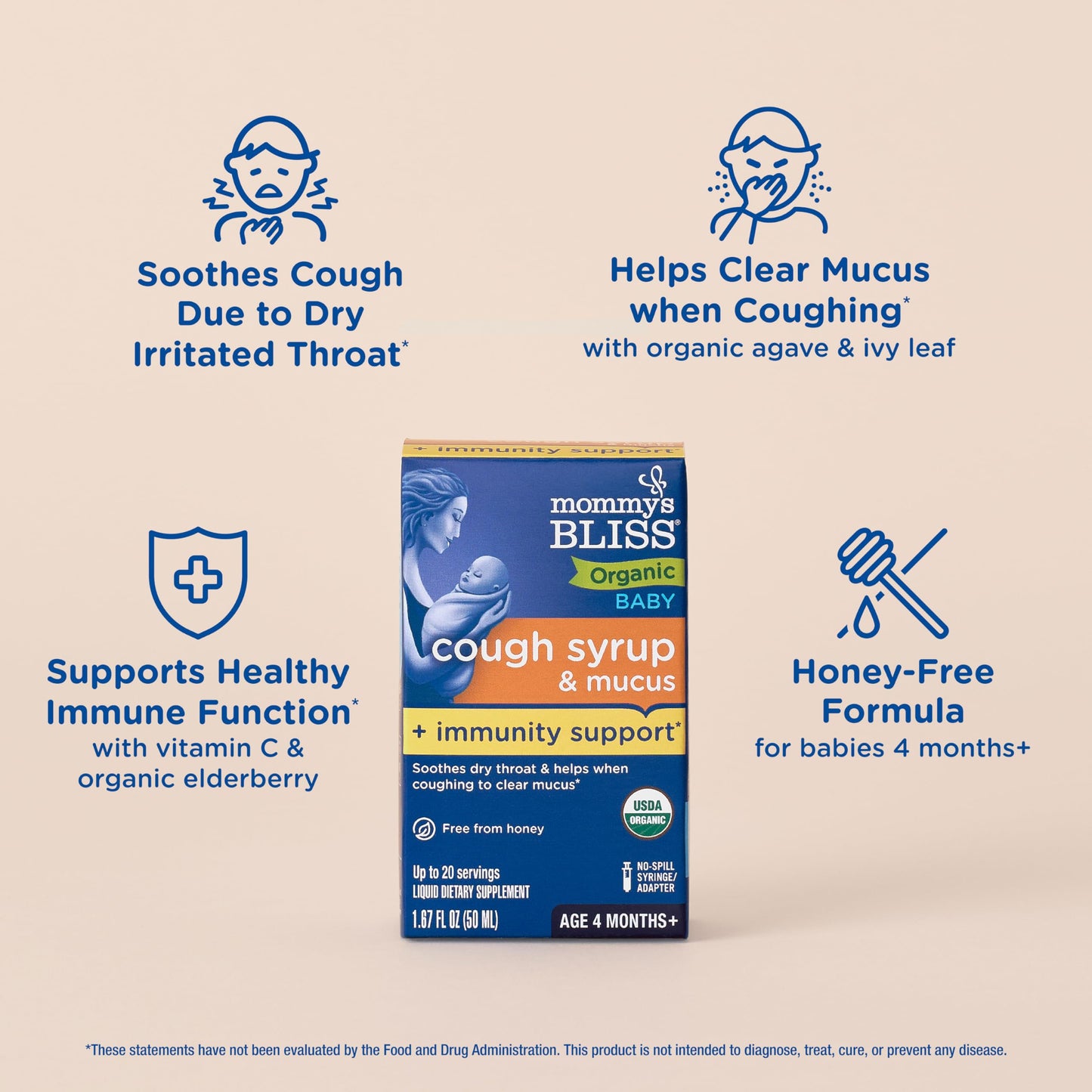 Mommy's Bliss Organic Baby Cough Syrup and Mucus + Immunity Support, Contains Agave & Ivy Leaf, 4 month+, 1.67 Fl Oz
