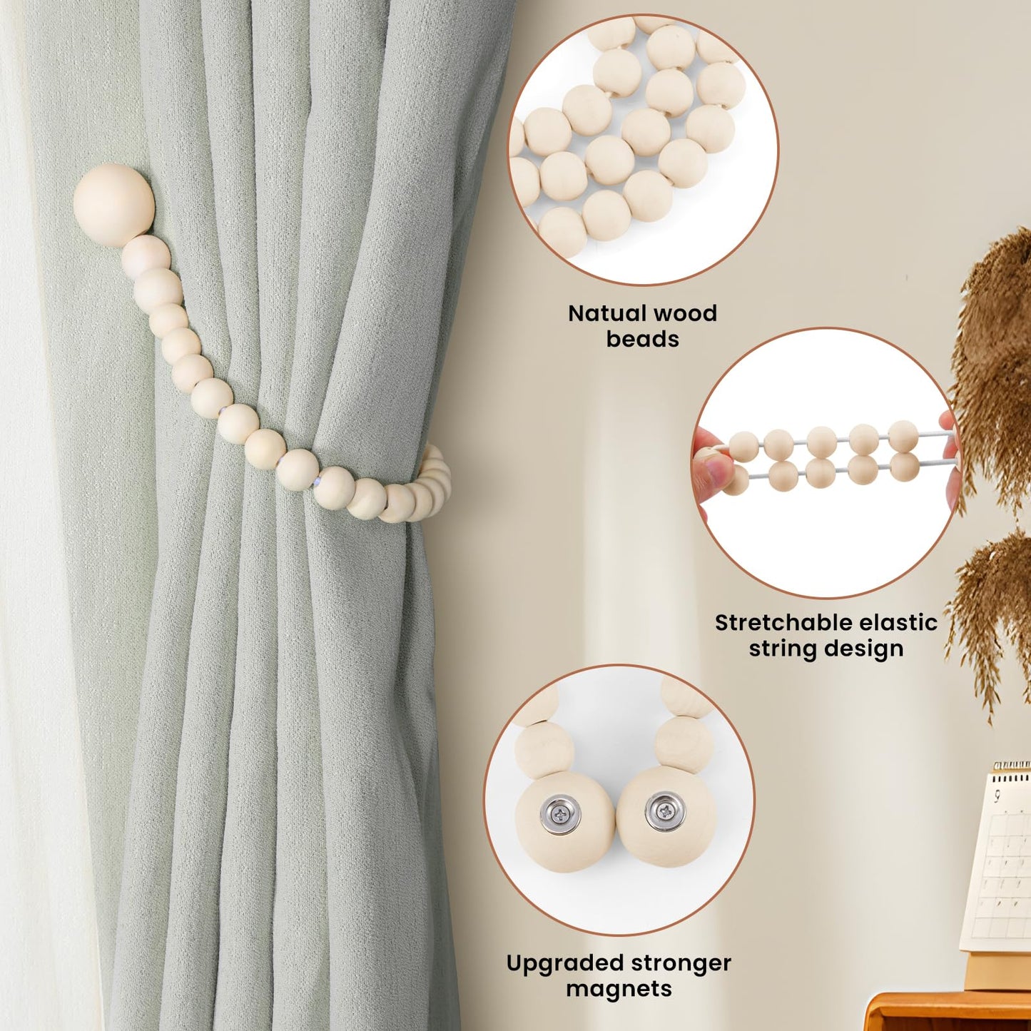 KLOGTSIND Magnetic Curtain Tiebacks, Curtain Holdbacks for Curtains 2 Pack, Wood Bead Curtain Holders for Boho Bedroom Decor, Baby Nursery Decor, Farmhouse Decor
