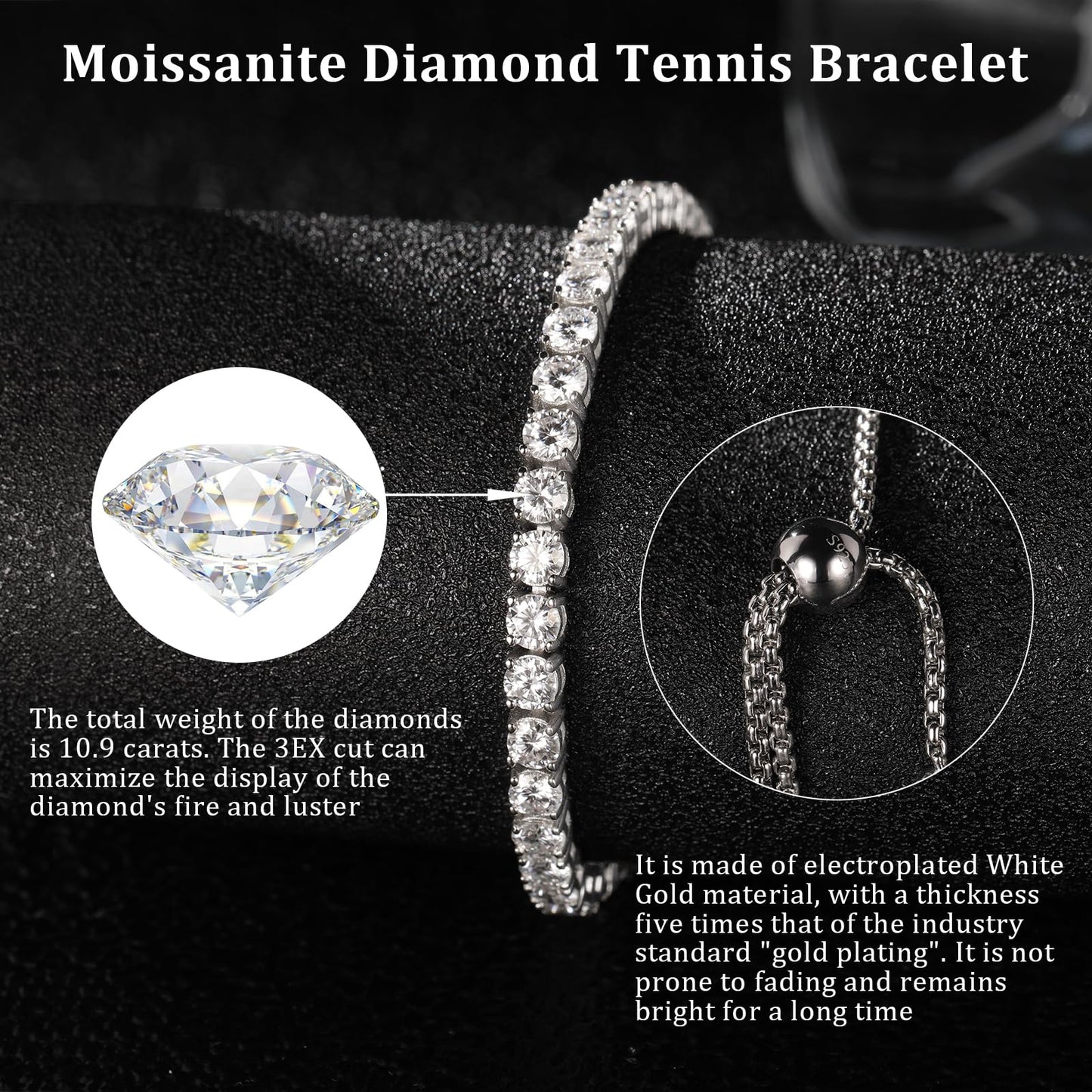 4MM Moissanite Tennis Bracelet for Women, 10.9 ct Adjustable Moissanite Bracelets, 925 Sterling Silver White/14k Gold Plated, Luxury Birthday or Anniversary Jewelry Gift for Her