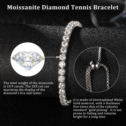 4MM Moissanite Tennis Bracelet for Women, 10.9 ct Adjustable Moissanite Bracelets, 925 Sterling Silver White/14k Gold Plated, Luxury Birthday or Anniversary Jewelry Gift for Her