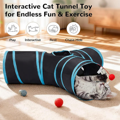 Tempcore Pet Cat Tunnel Tube Toys 3 Way Collapsible, Tunnels for Indoor Cats, Interactive Tube with Teaser Wand, Peek Holes & Hanging Ball, Black & Blue
