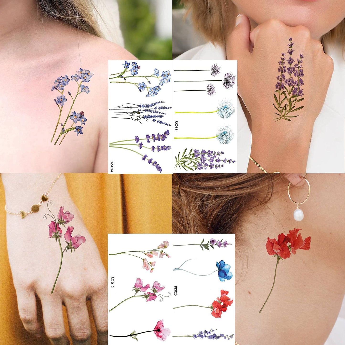 12 Sheets Beautiful Butterfly Flowers Temporary Tattoos For Women Feet Hands Body Art, Realistic Rose Peony Floral Fake Tattoo Sticker For Legs Ankle, Waterproof Lily Dreamcatcher Temp Tatoos Decals