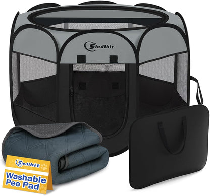 Siedihit Dog Cat Playpen, Puppy Pet Playpen Indoor for Small Dog Crate Tent Cage Outdoor, Portable Pop Up Dogs Enclosure Kennel with Carrying Case for Dogs/Cats/Rabbits(Grey, Small