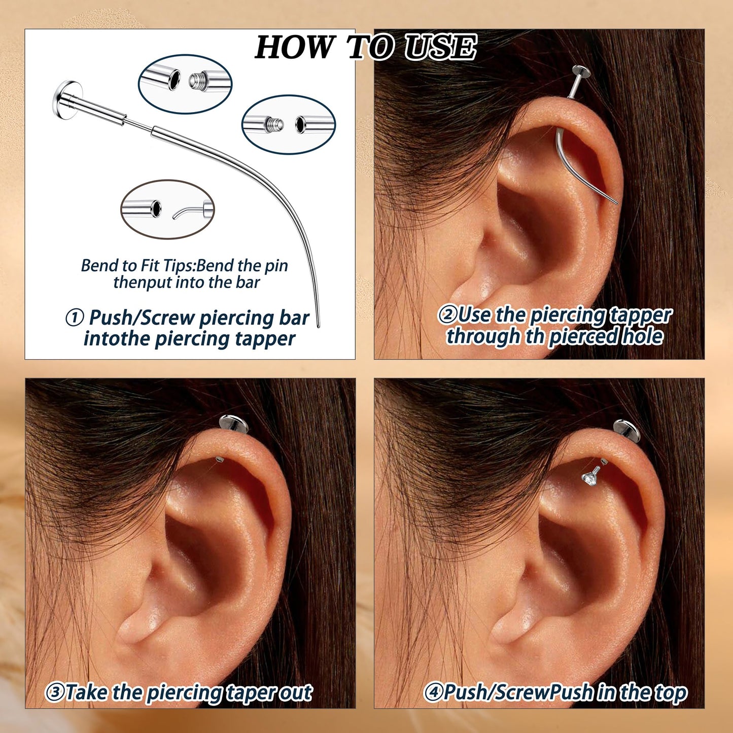 GEMQUEEN Piercing Taper Ball Grabber Tool for Changing Jewelry - 14G 16G 18G 20G Stainless Steel Flat Back Earrings Applicator Tool Threadless Insertion Pin Thread Body Piercing Kit for Ear Nose Lip