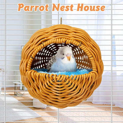 BNOSDM Rattan Bird Nest Parrot Nesting House Parakeet Nesting Soft Lovebird Warm Bed Sleeping for Parrots Bird Cage Accessories for Cockatiels Budgerigars Finches Canaries (Single-Hole Style)