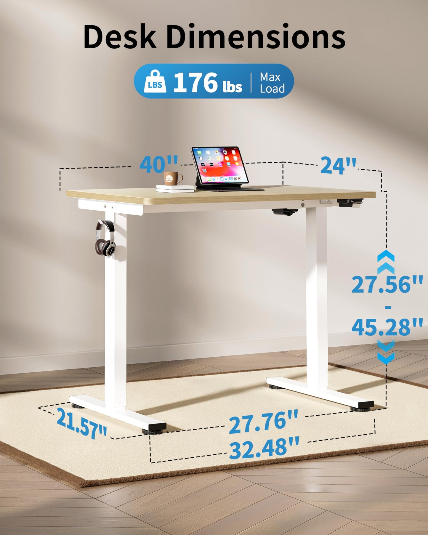 Okin Small Electric Standing Desk, 36" x 24" Whole Piece Height Adjustable Desk, Oak Sit to Stand Computer Workstation with Wheels for Home Office