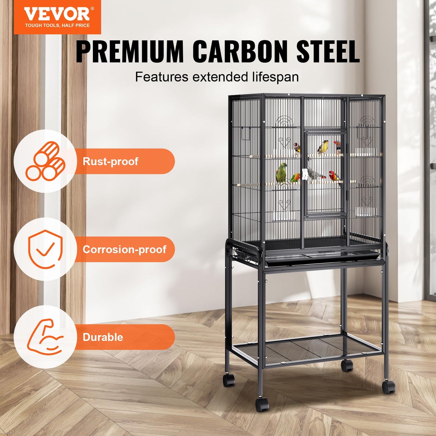 VEVOR Bird Cage, 24.6 x 16.7 x 53.9 inch, Flat Top, Wrought Iron Bird Flight Cage with Perches, Slide-Out Tray and Plastic Feeders, Casters, for Parrot, Blue Tit, Cockatiel, Canary, Budgerigar, Conure
