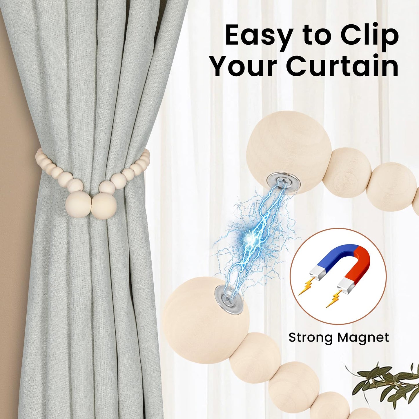 KLOGTSIND Magnetic Curtain Tiebacks, Curtain Holdbacks for Curtains 2 Pack, Wood Bead Curtain Holders for Boho Bedroom Decor, Baby Nursery Decor, Farmhouse Decor